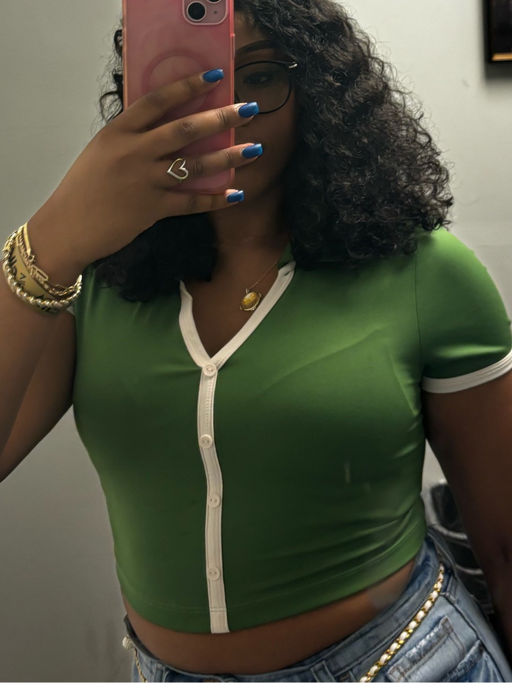 Green Short-Sleeve Button Crop Top - Women